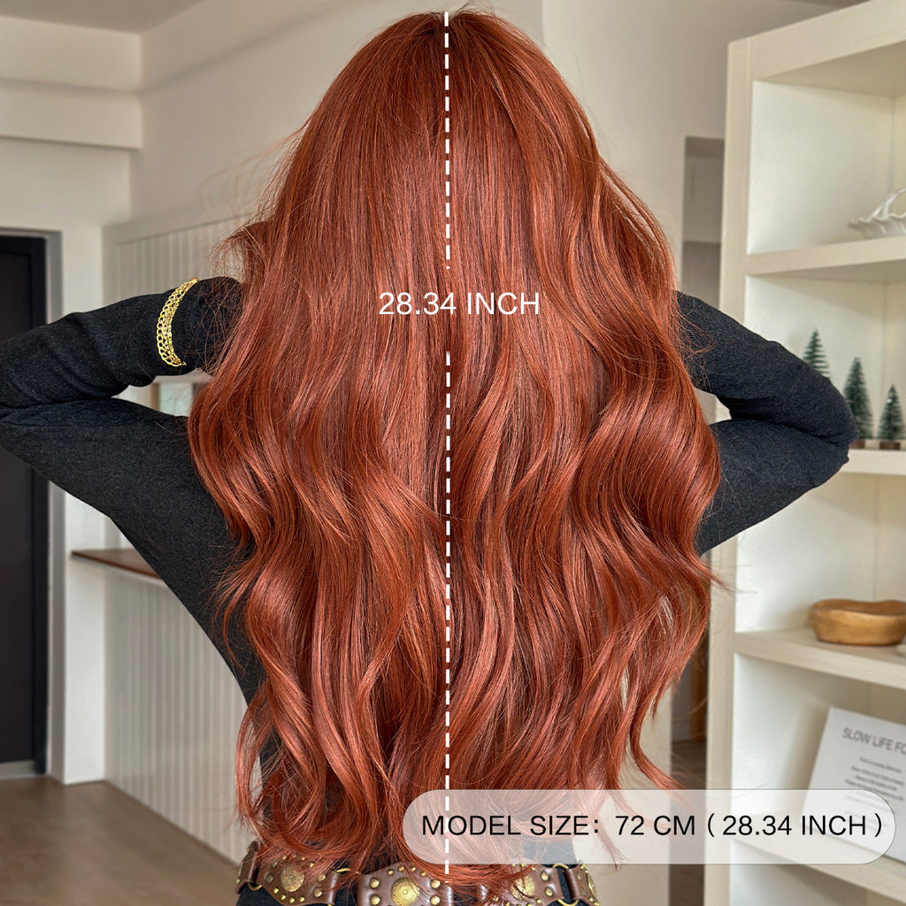 Orange Red Deep Wave Wig - Urban Fashion (Long Curtain Bangs) (FEVERCOS)