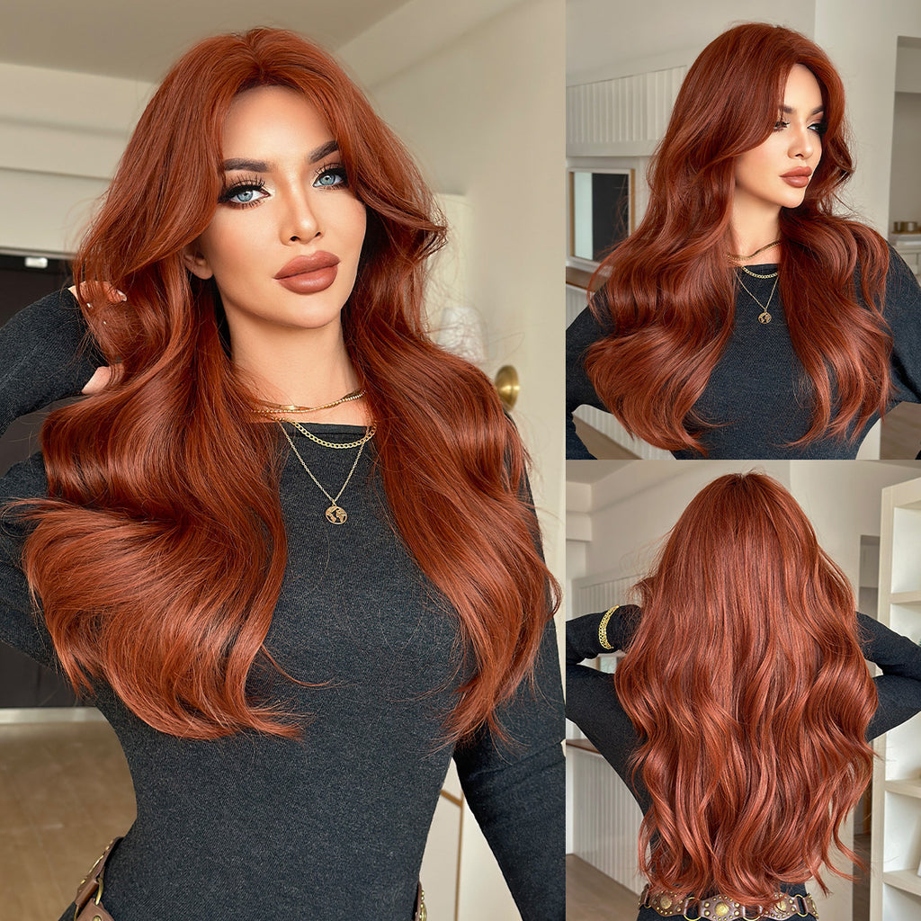 Orange Red Deep Wave Wig - Urban Fashion (Long Curtain Bangs) (FEVERCOS)