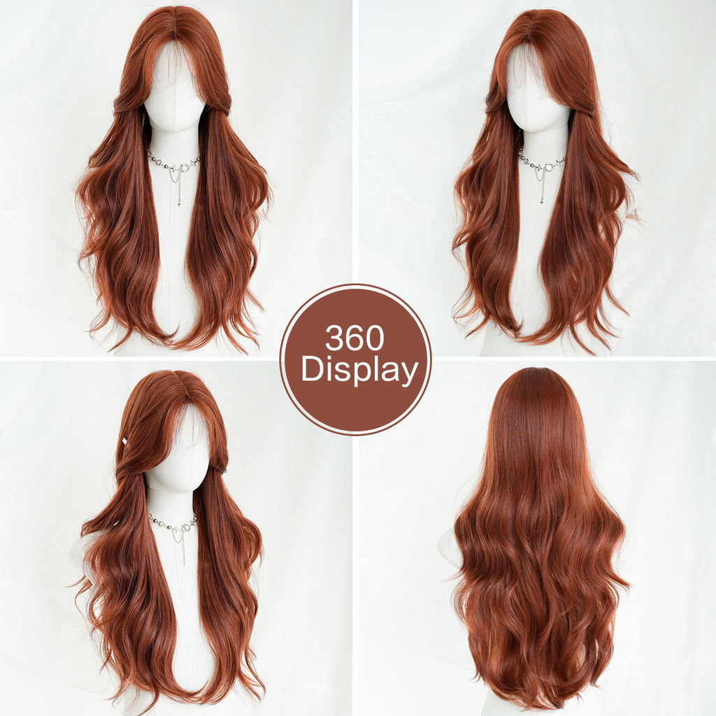 Orange Red Deep Wave Wig - Urban Fashion (Long Curtain Bangs) (FEVERCOS)