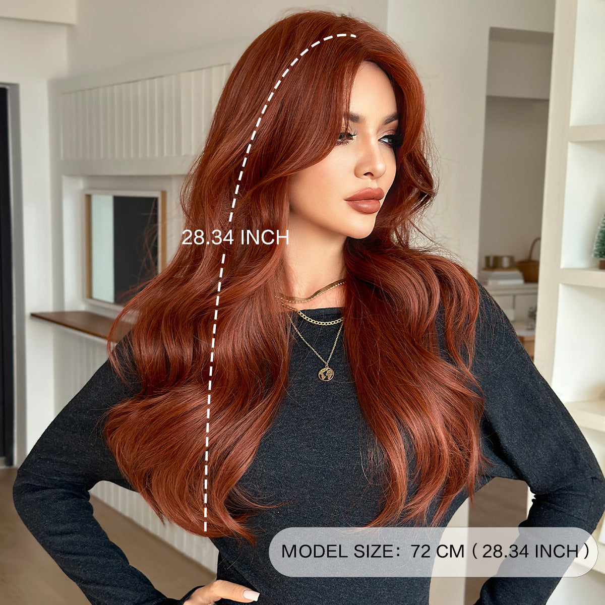 Orange Red Deep Wave Wig - Urban Fashion (Long Curtain Bangs) (FEVERCOS)