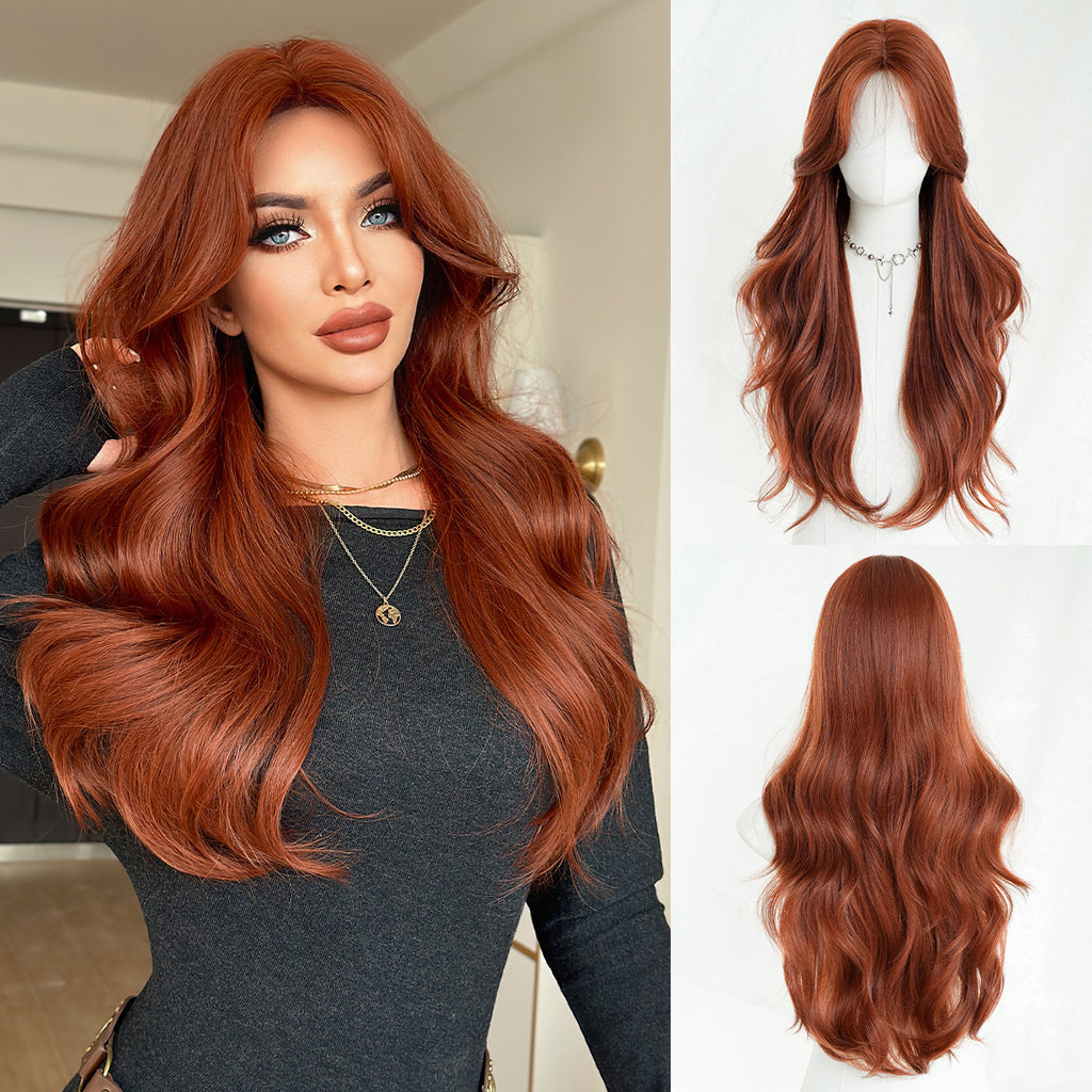 Orange Red Deep Wave Wig - Urban Fashion (Long Curtain Bangs) (FEVERCOS)