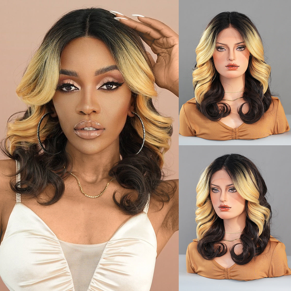 Tan Gold Highlight Curly Lace Wig - Elite Lace Fronts (T-Part Middle Part) (FEVERCOS)