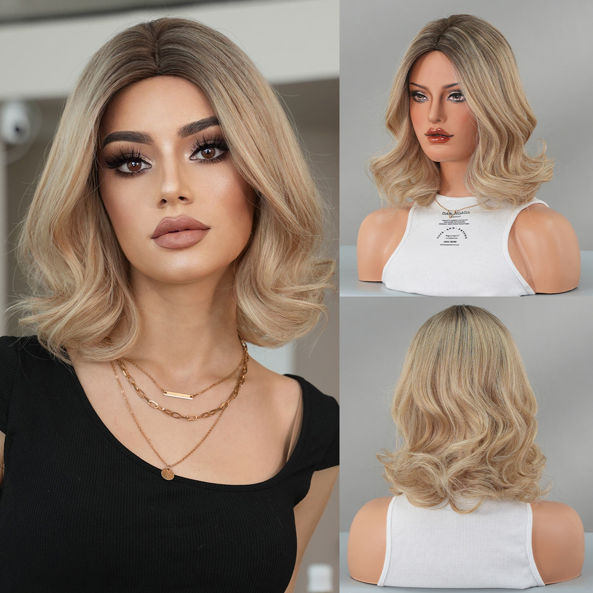 Black Flaxen Blonde Shoulder Curly Wig - Everyday Fashion (Middle Part Rose Net) (FEVERCOS)