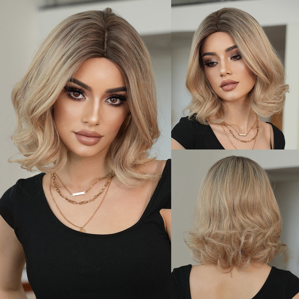 Black Flaxen Blonde Shoulder Curly Wig - Everyday Fashion (Middle Part Rose Net) (FEVERCOS)