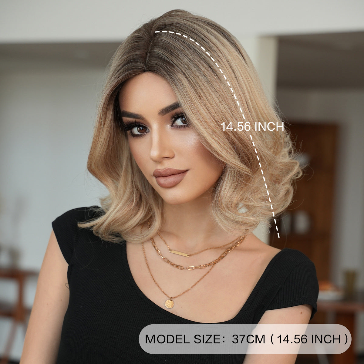 Black Flaxen Blonde Shoulder Curly Wig - Everyday Fashion (Middle Part Rose Net) (FEVERCOS)