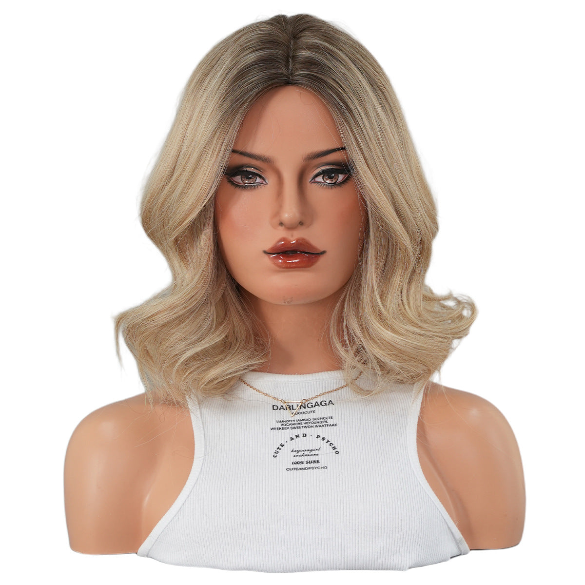 White Smoke Flaxen Blonde Shoulder Curly Wig - Everyday Fashion (Middle Part Rose Net) (FEVERCOS)