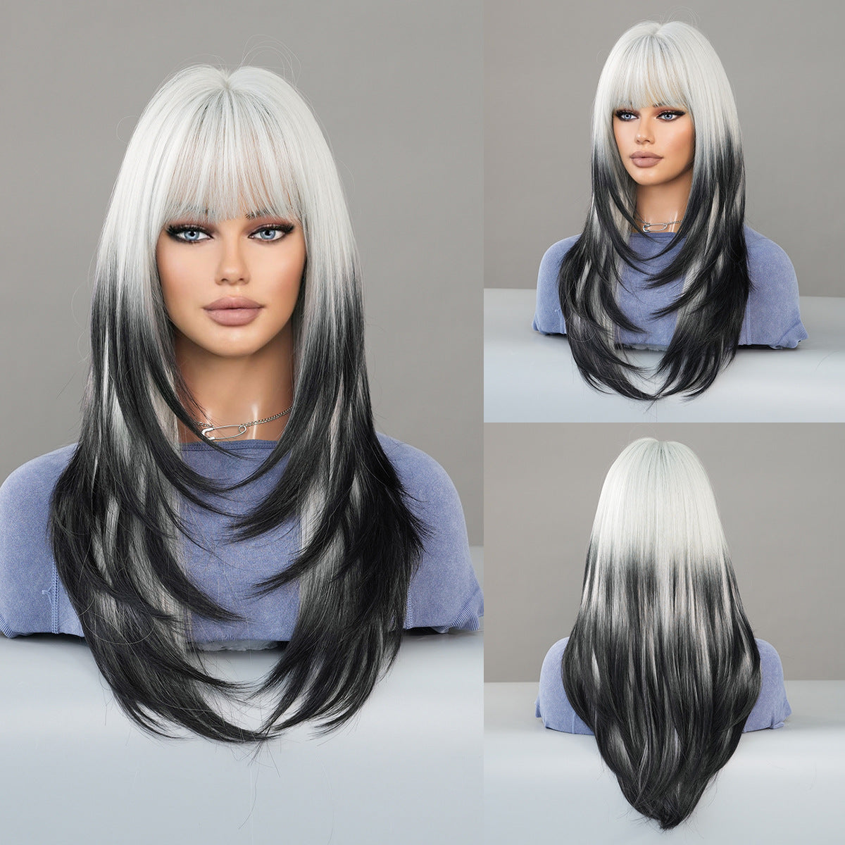 Dark Gray Siamese Cat Silver Black Ombre Wig - Party Collection (Long Straight Layered) (FEVERCOS)