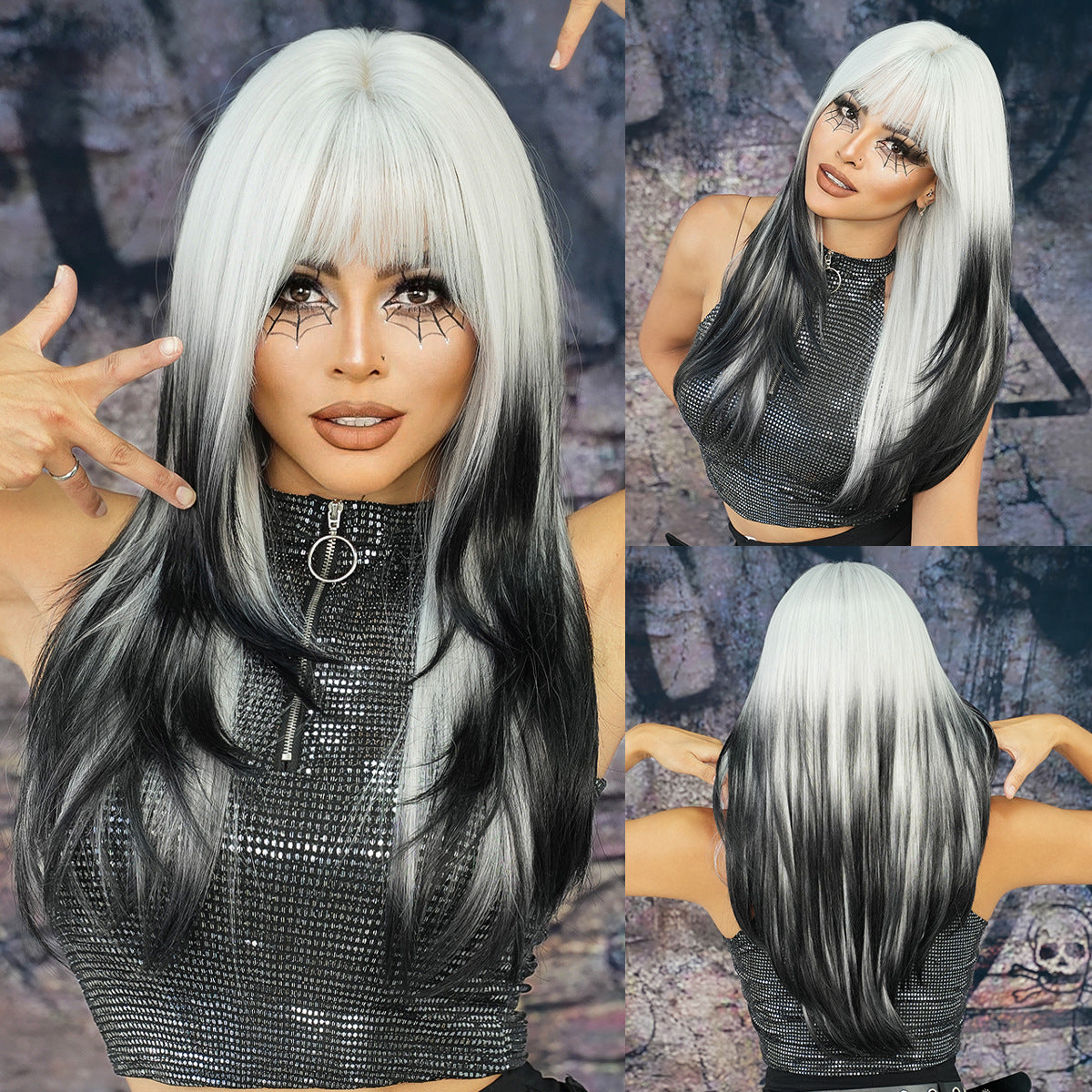 Dark Slate Gray Siamese Cat Silver Black Ombre Wig - Party Collection (Long Straight Layered) (FEVERCOS)