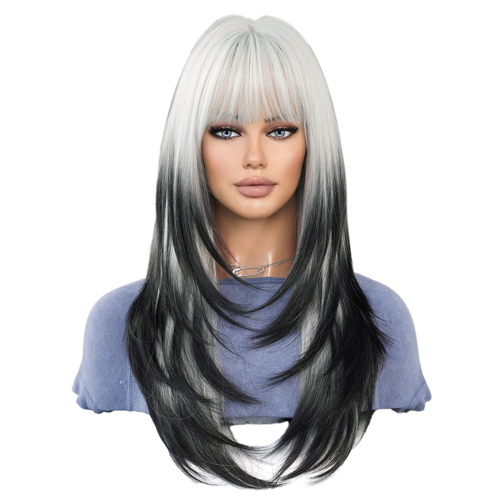 White Smoke Siamese Cat Silver Black Ombre Wig - Party Collection (Long Straight Layered) (FEVERCOS)
