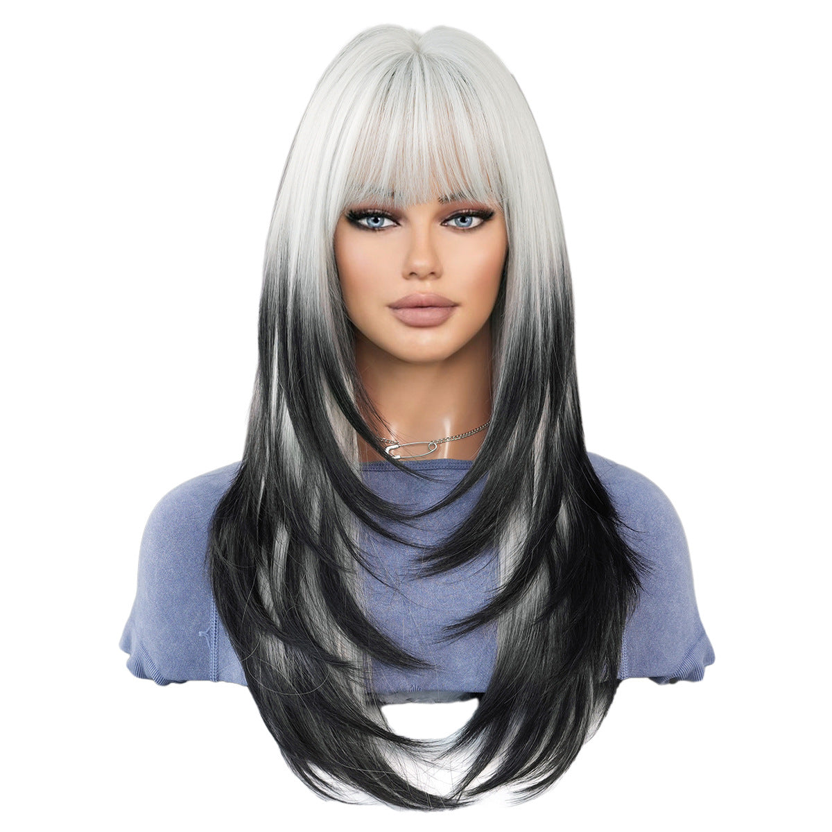 White Smoke Siamese Cat Silver Black Ombre Wig - Party Collection (Long Straight Layered) (FEVERCOS)