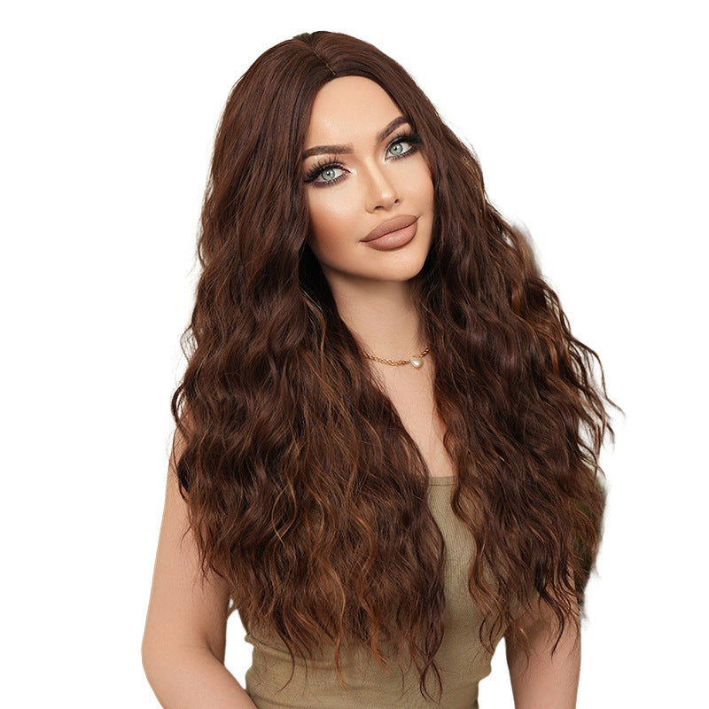 White Smoke Honey Brown Long Wavy Wig - Everyday Fashion (Middle Part Fluffy) (FEVERCOS)