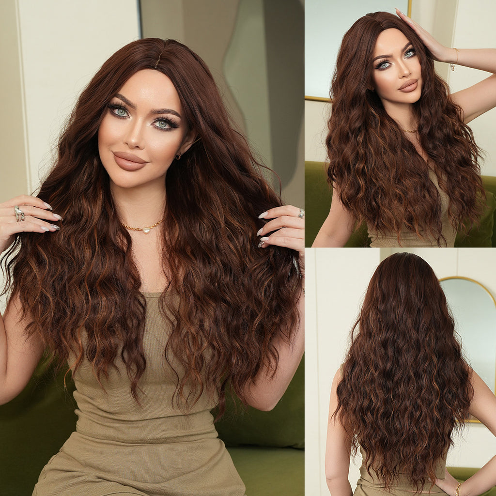 Dark Slate Gray Honey Brown Long Wavy Wig - Everyday Fashion (Middle Part Fluffy) (FEVERCOS)