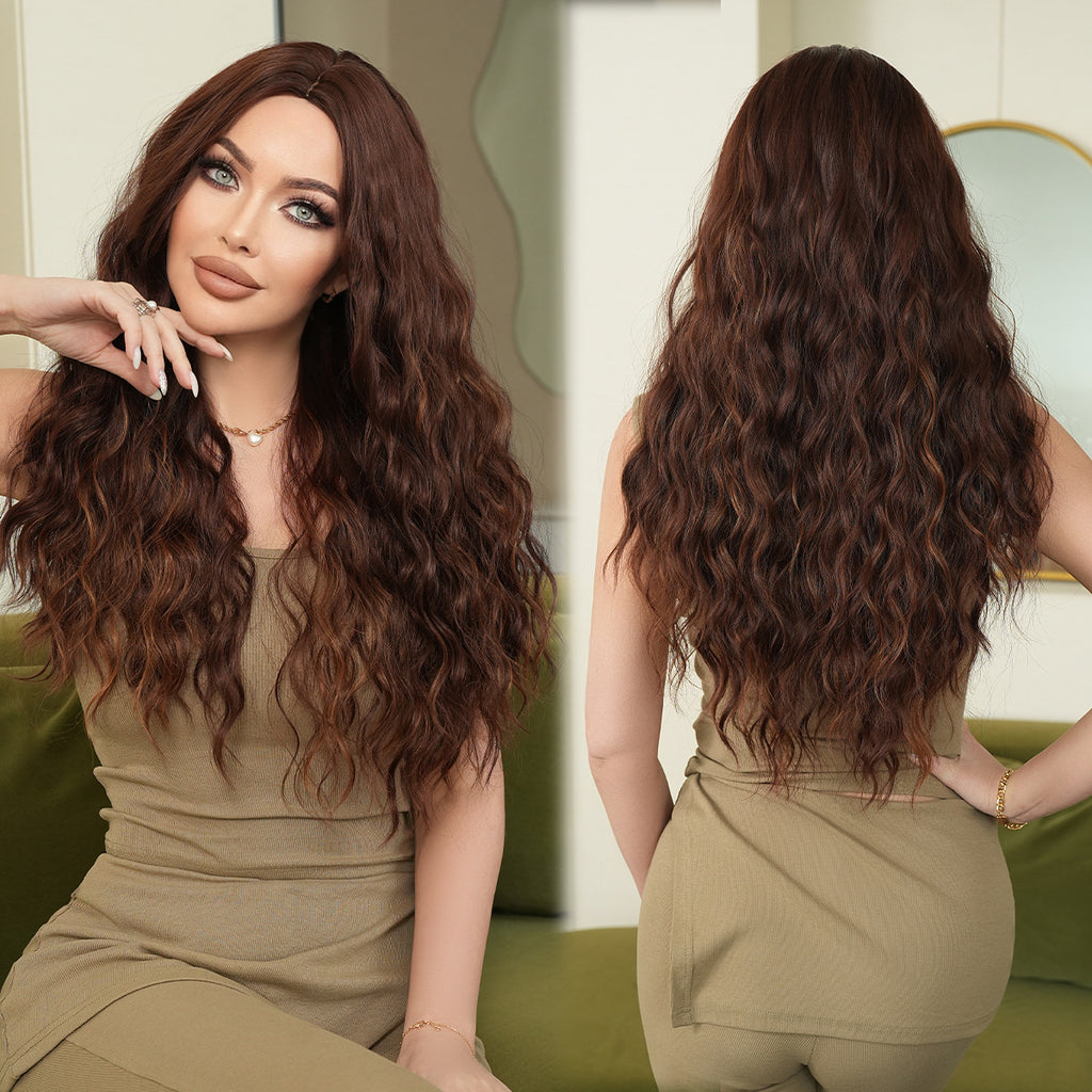 Dark Slate Gray Honey Brown Long Wavy Wig - Everyday Fashion (Middle Part Fluffy) (FEVERCOS)