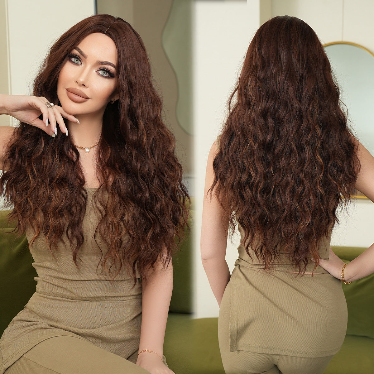 Dark Slate Gray Honey Brown Long Wavy Wig - Everyday Fashion (Middle Part Fluffy) (FEVERCOS)