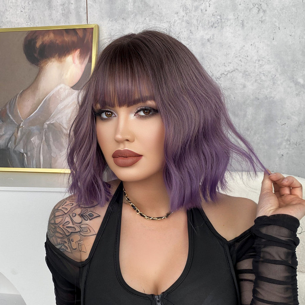 Light Gray 10-Inch Purple Water Wave Bob - Subculture Fashion (Short Bangs) (FEVERCOS)
