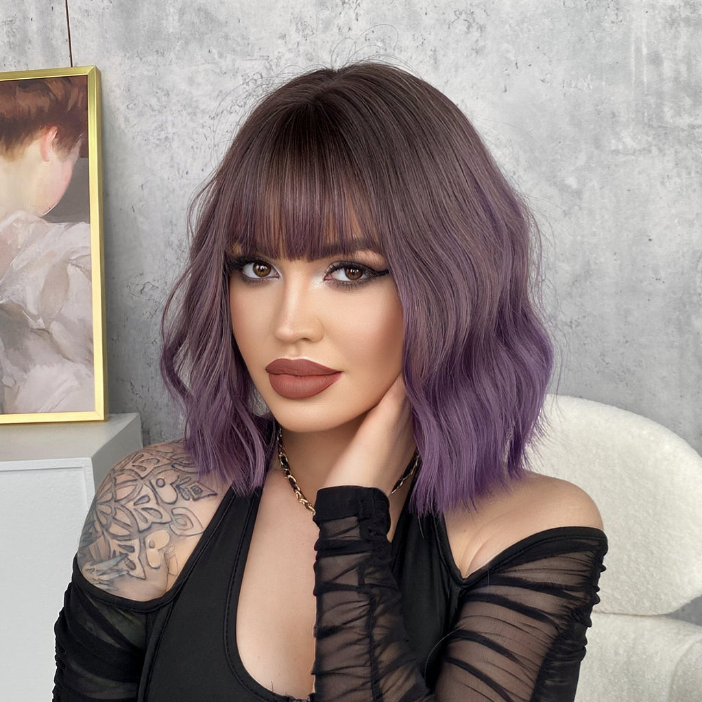 Gray 10-Inch Purple Water Wave Bob - Subculture Fashion (Short Bangs) (FEVERCOS)