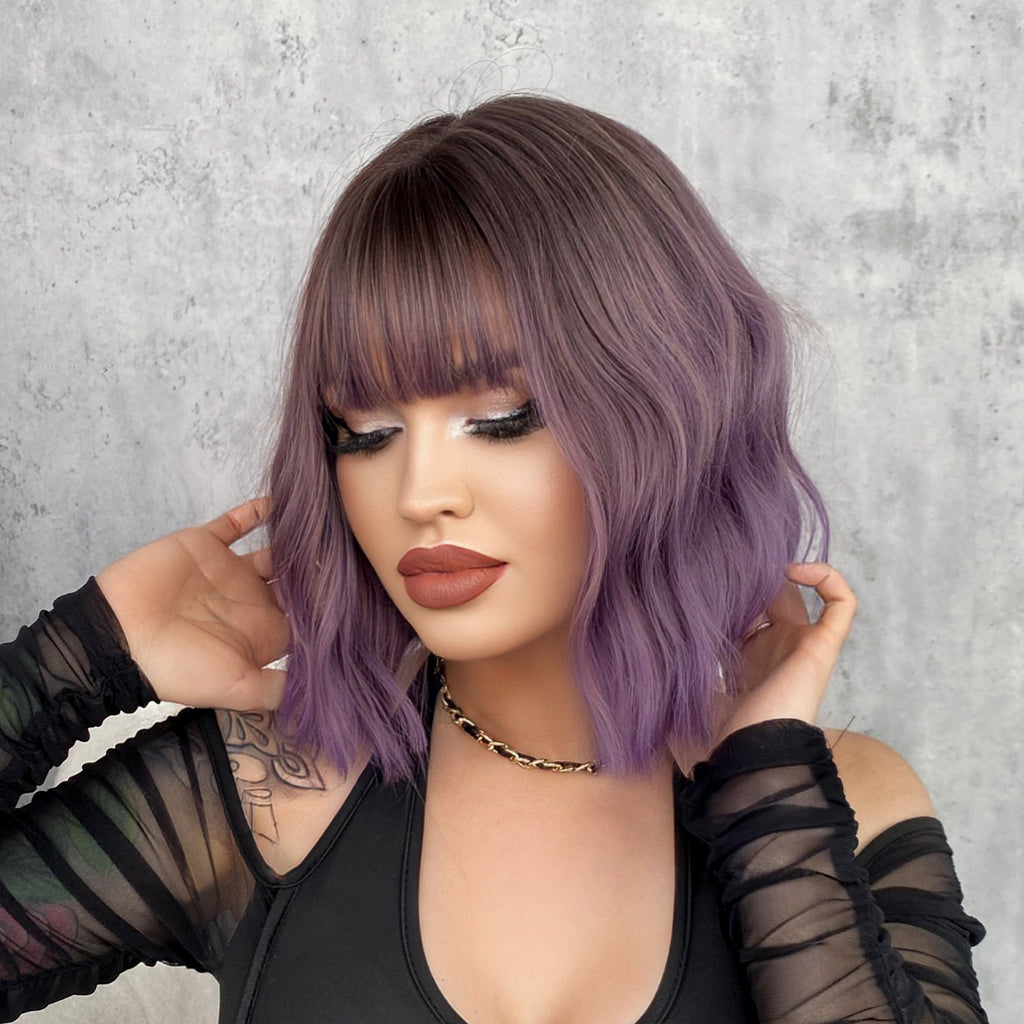 Gray 10-Inch Purple Water Wave Bob - Subculture Fashion (Short Bangs) (FEVERCOS)