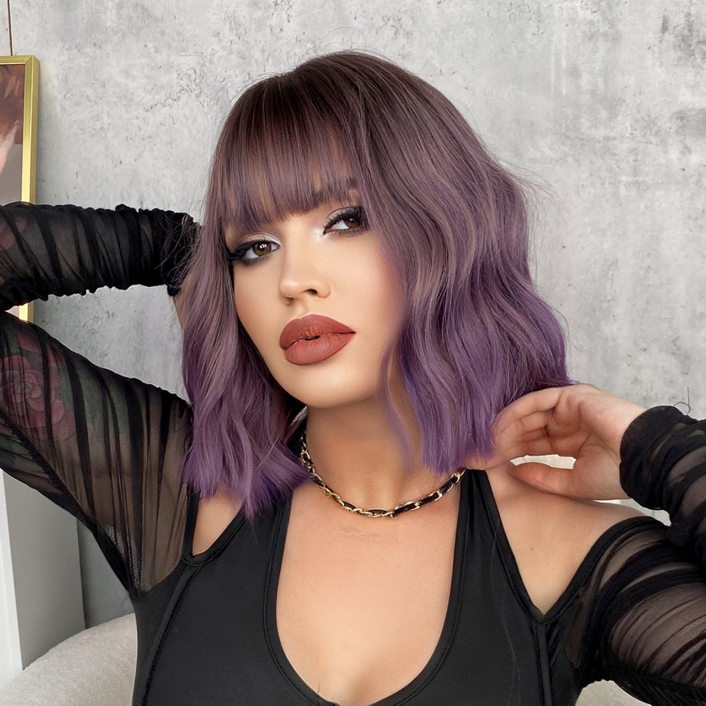 Gray 10-Inch Purple Water Wave Bob - Subculture Fashion (Short Bangs) (FEVERCOS)