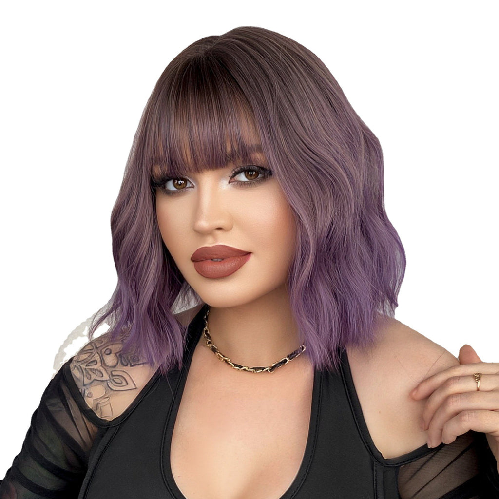 White Smoke 10-Inch Purple Water Wave Bob - Subculture Fashion (Short Bangs) (FEVERCOS)