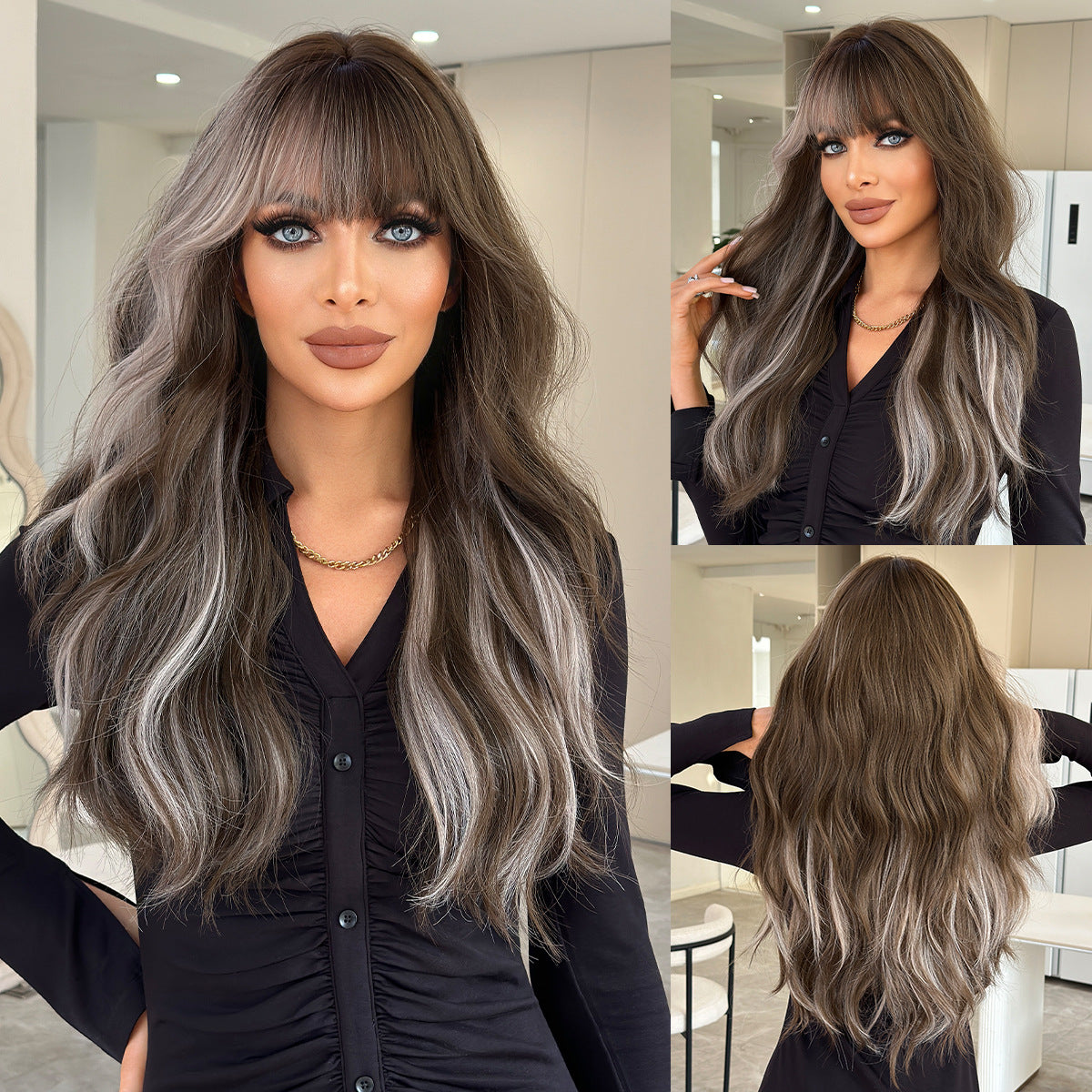 Brown Pink Grey Highlight Wavy Wig - Urban Fashion (Long Bangs) (FEVERCOS)