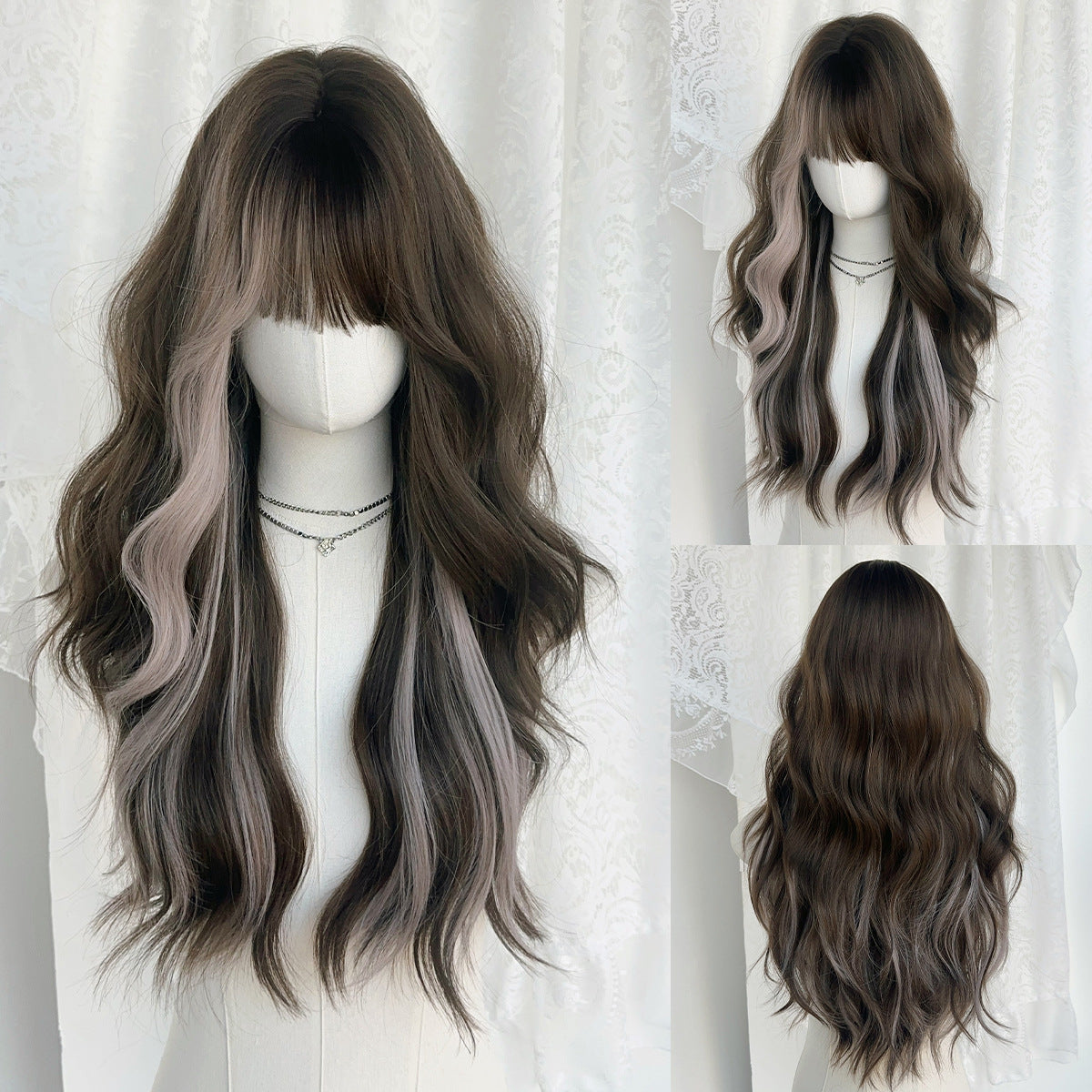 Brown Pink Grey Highlight Wavy Wig - Urban Fashion (Long Bangs) (FEVERCOS)