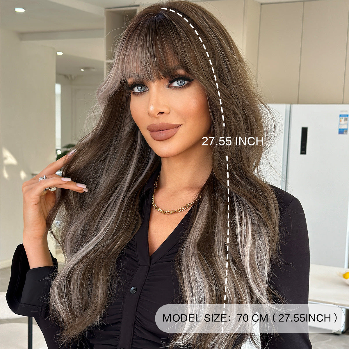 Brown Pink Grey Highlight Wavy Wig - Urban Fashion (Long Bangs) (FEVERCOS)