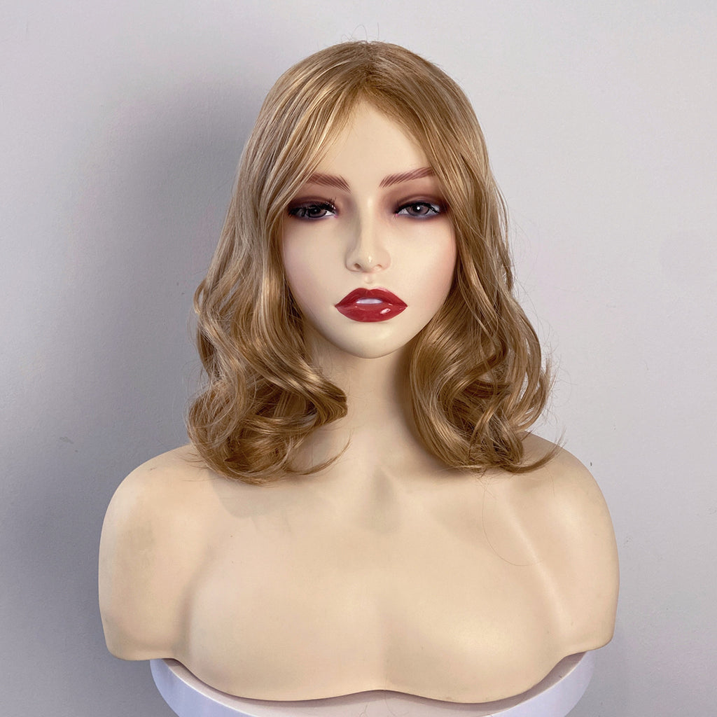 Light Gray Gold Brown Mixed Wavy Wig - Everyday Fashion (Mid-Length Middle Part) (FEVERCOS)