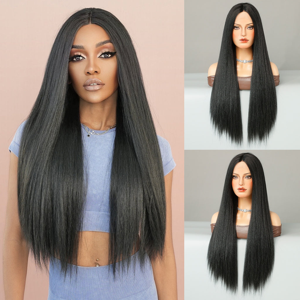 Dark Slate Gray Natural Black Yaki Straight Lace Wig - Elite Lace Fronts (T-Part Long) (FEVERCOS)