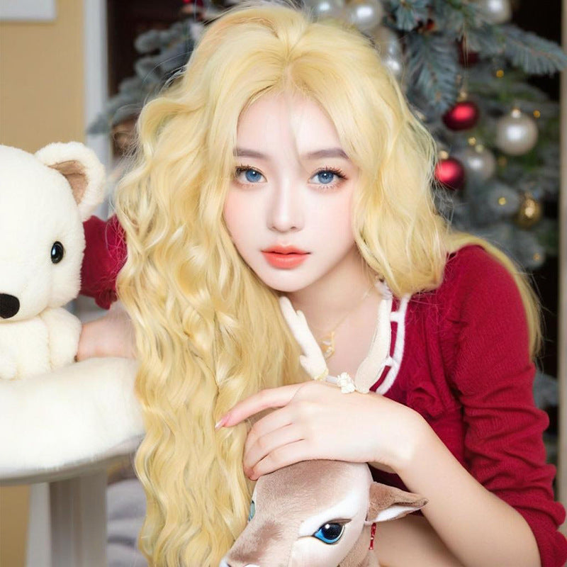 Light Goldenrod Light Blonde Wool Curl Wig - Lolita Fashion (Long Middle Part) (FEVERCOS)
