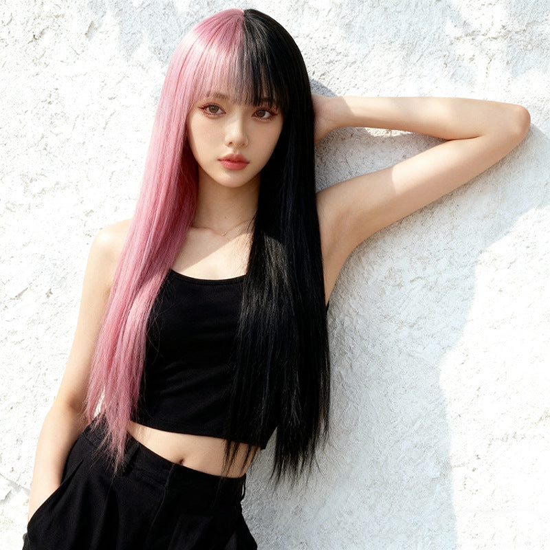 White Smoke Black Pink Split Straight Wig - Subculture Fashion (Long Two-Tone) (FEVERCOS)