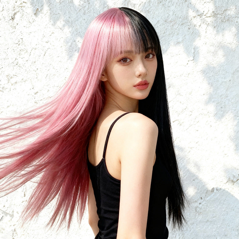 White Smoke Black Pink Split Straight Wig - Subculture Fashion (Long Two-Tone) (FEVERCOS)