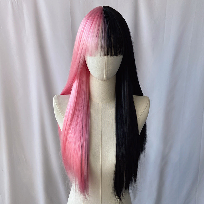 Gray Black Pink Split Straight Wig - Subculture Fashion (Long Two-Tone) (FEVERCOS)