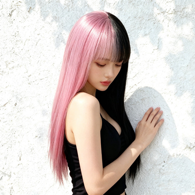 White Smoke Black Pink Split Straight Wig - Subculture Fashion (Long Two-Tone) (FEVERCOS)