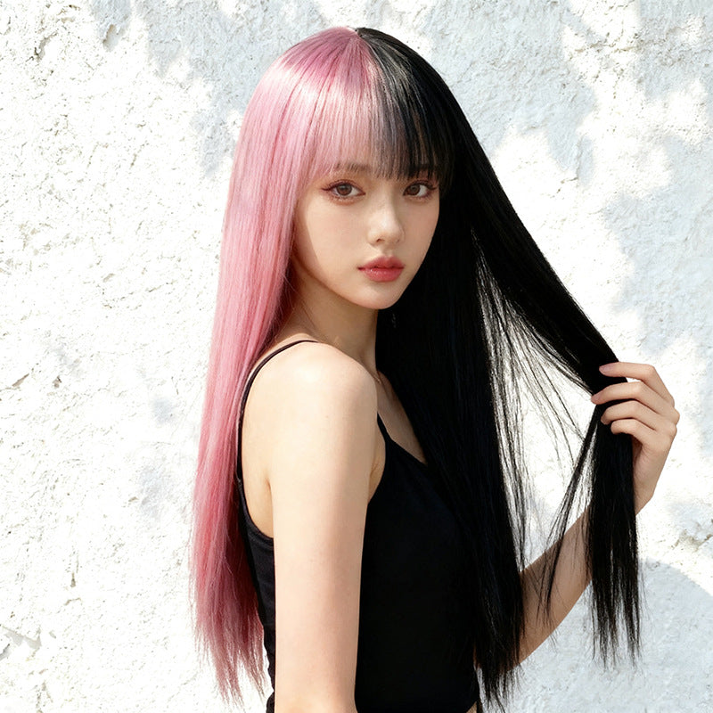 White Smoke Black Pink Split Straight Wig - Subculture Fashion (Long Two-Tone) (FEVERCOS)