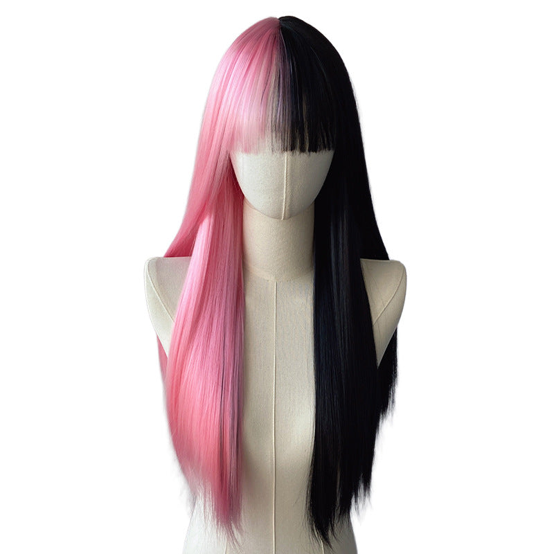 White Smoke Black Pink Split Straight Wig - Subculture Fashion (Long Two-Tone) (FEVERCOS)