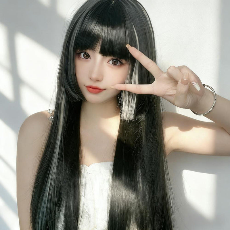 Black Ombre Hime Cut Wig - Subculture Fashion (Long Straight Bangs) (FEVERCOS)