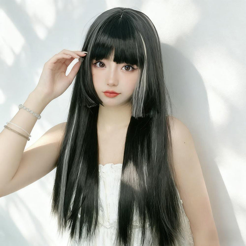 Black Ombre Hime Cut Wig - Subculture Fashion (Long Straight Bangs) (FEVERCOS)