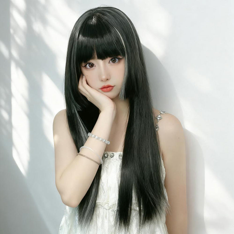 Black Ombre Hime Cut Wig - Subculture Fashion (Long Straight Bangs) (FEVERCOS)