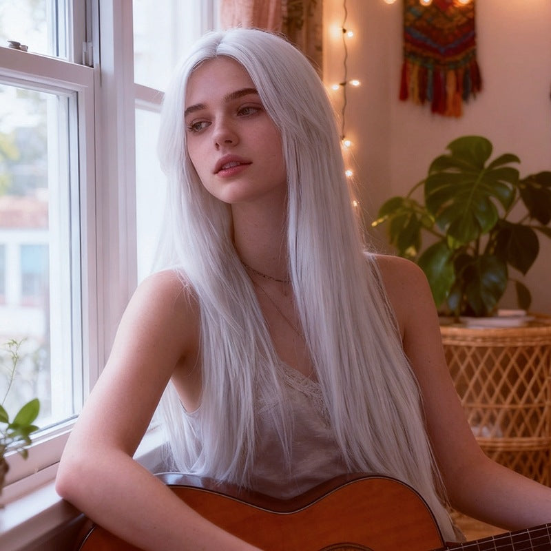 Lavender Pure White Straight Wig - Subculture Fashion (Long Middle Part) (FEVERCOS)