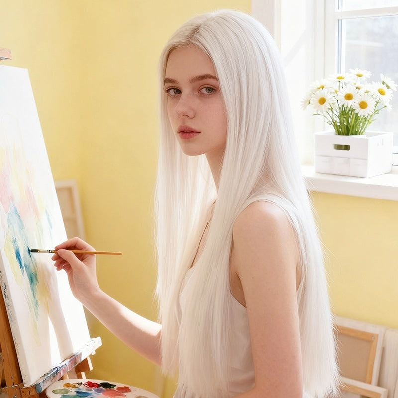 Khaki Pure White Straight Wig - Subculture Fashion (Long Middle Part) (FEVERCOS)