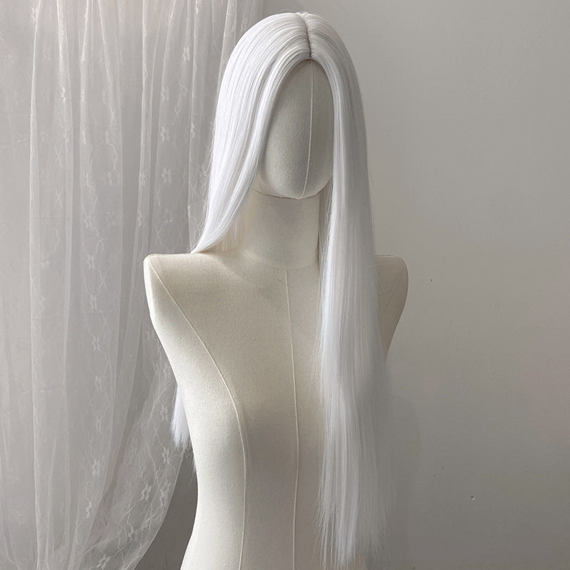 Dark Sea Green Pure White Straight Wig - Subculture Fashion (Long Middle Part) (FEVERCOS)
