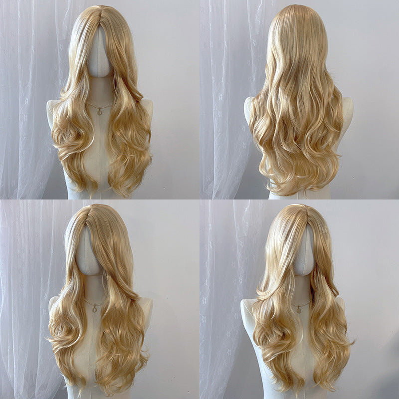 Gray Beige Blonde Deep Wave Wig - Everyday Fashion (Long Middle Part) (FEVERCOS)
