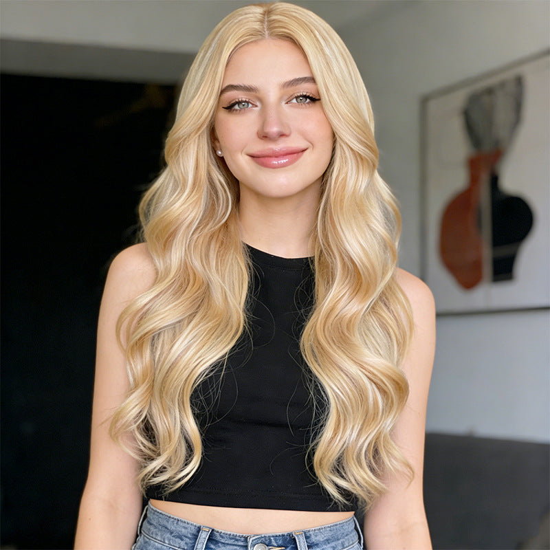 Black Beige Blonde Deep Wave Wig - Everyday Fashion (Long Middle Part) (FEVERCOS)