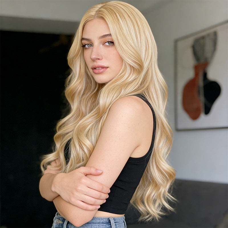 Black Beige Blonde Deep Wave Wig - Everyday Fashion (Long Middle Part) (FEVERCOS)