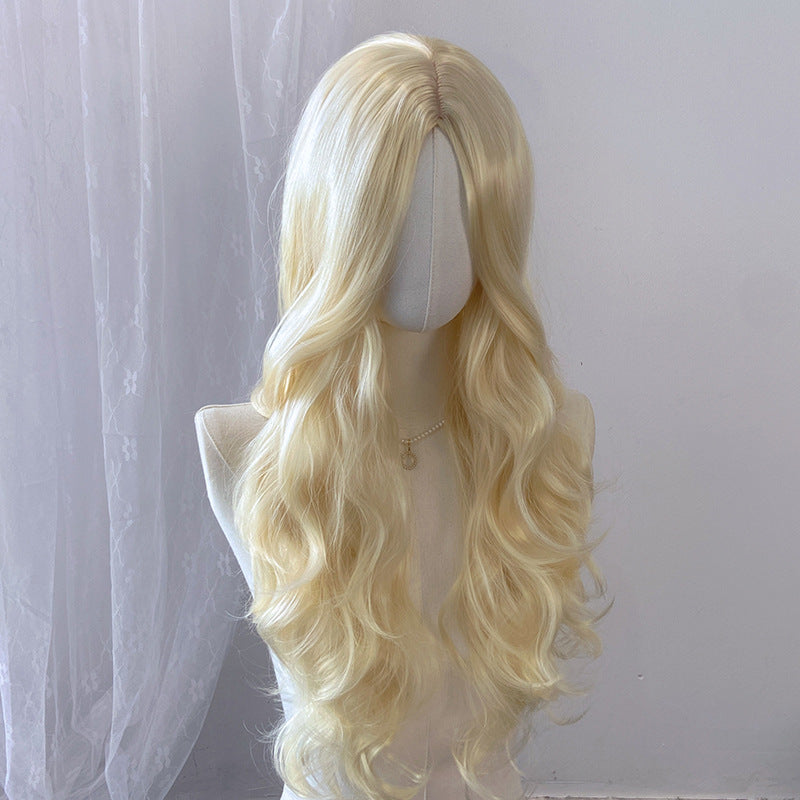 Gray Beige Blonde Deep Wave Wig - Everyday Fashion (Long Middle Part) (FEVERCOS)