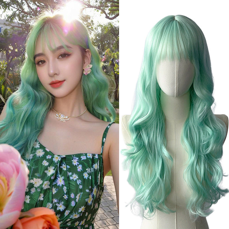 Mint Green Deep Wave Wig - Lolita Fashion (Long Air Bangs) (FEVERCOS)