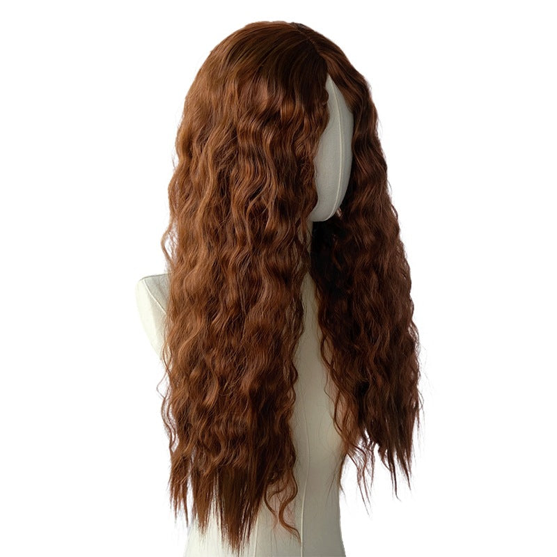 White Smoke Mocha Brown Wool Curl Wavy Wig - Everyday Fashion (Long Middle Part) (FEVERCOS)