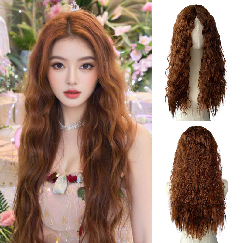 White Smoke Mocha Brown Wool Curl Wavy Wig - Everyday Fashion (Long Middle Part) (FEVERCOS)