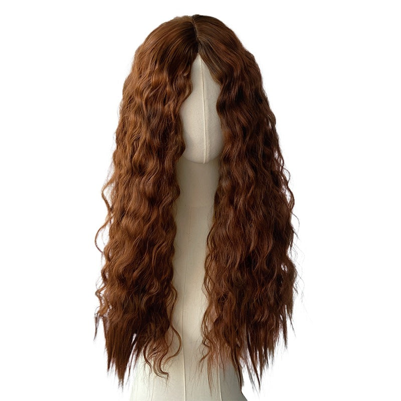 White Smoke Mocha Brown Wool Curl Wavy Wig - Everyday Fashion (Long Middle Part) (FEVERCOS)