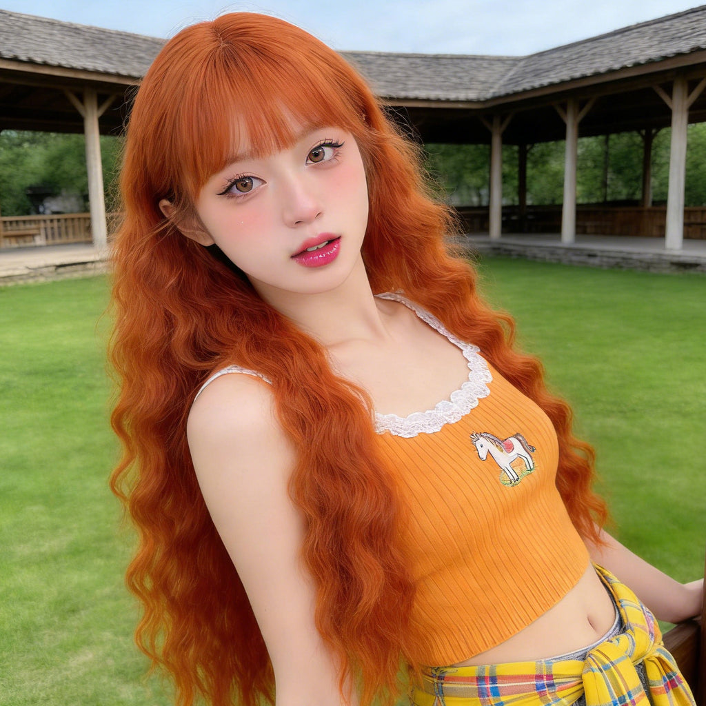 Orange Wool Curl Wavy Wig - Urban Fashion (Long Bangs) (FEVERCOS)